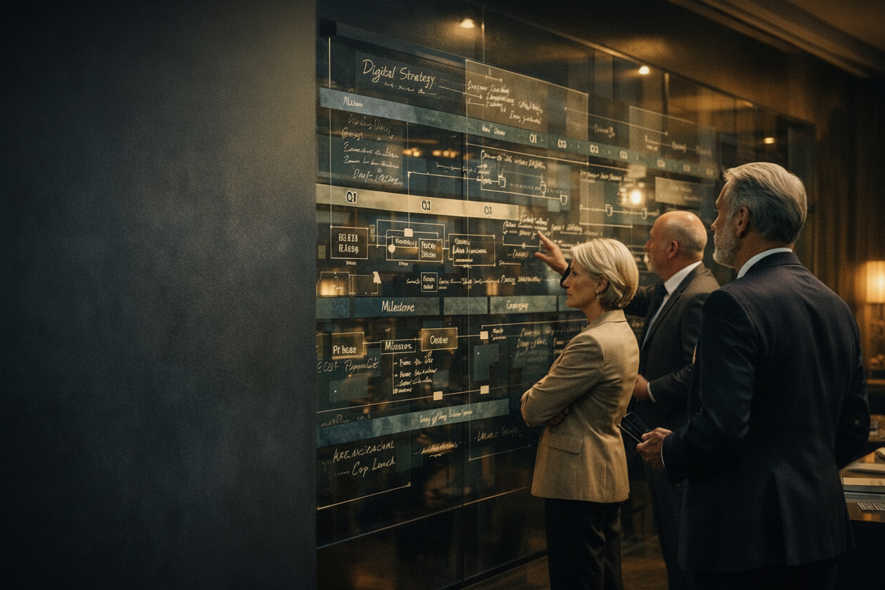 Senior practitioners reviewing a complex transformation roadmap